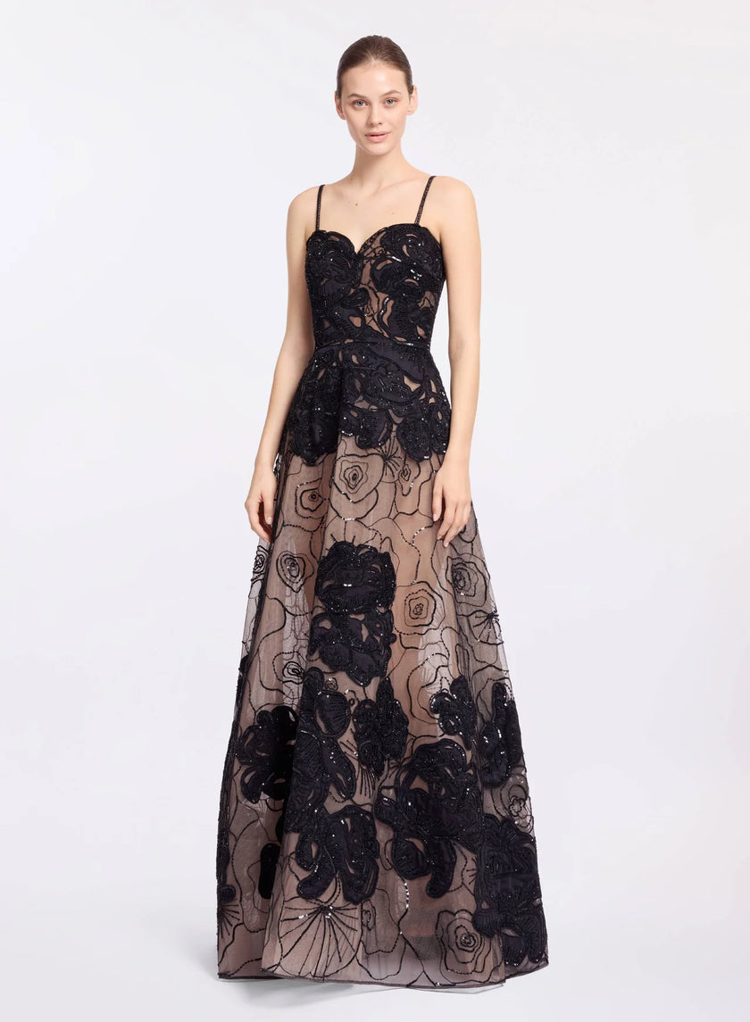 BLACK LUXURY FLORAL BEADED A-LINE GOWN