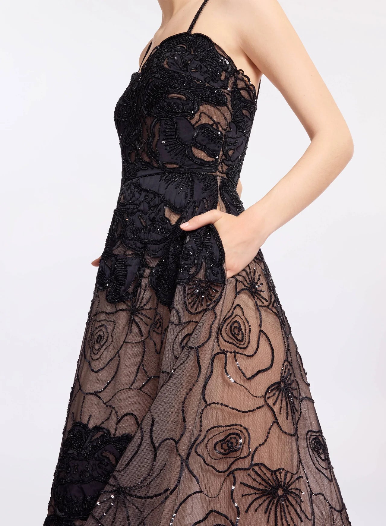 BLACK LUXURY FLORAL BEADED A-LINE GOWN
