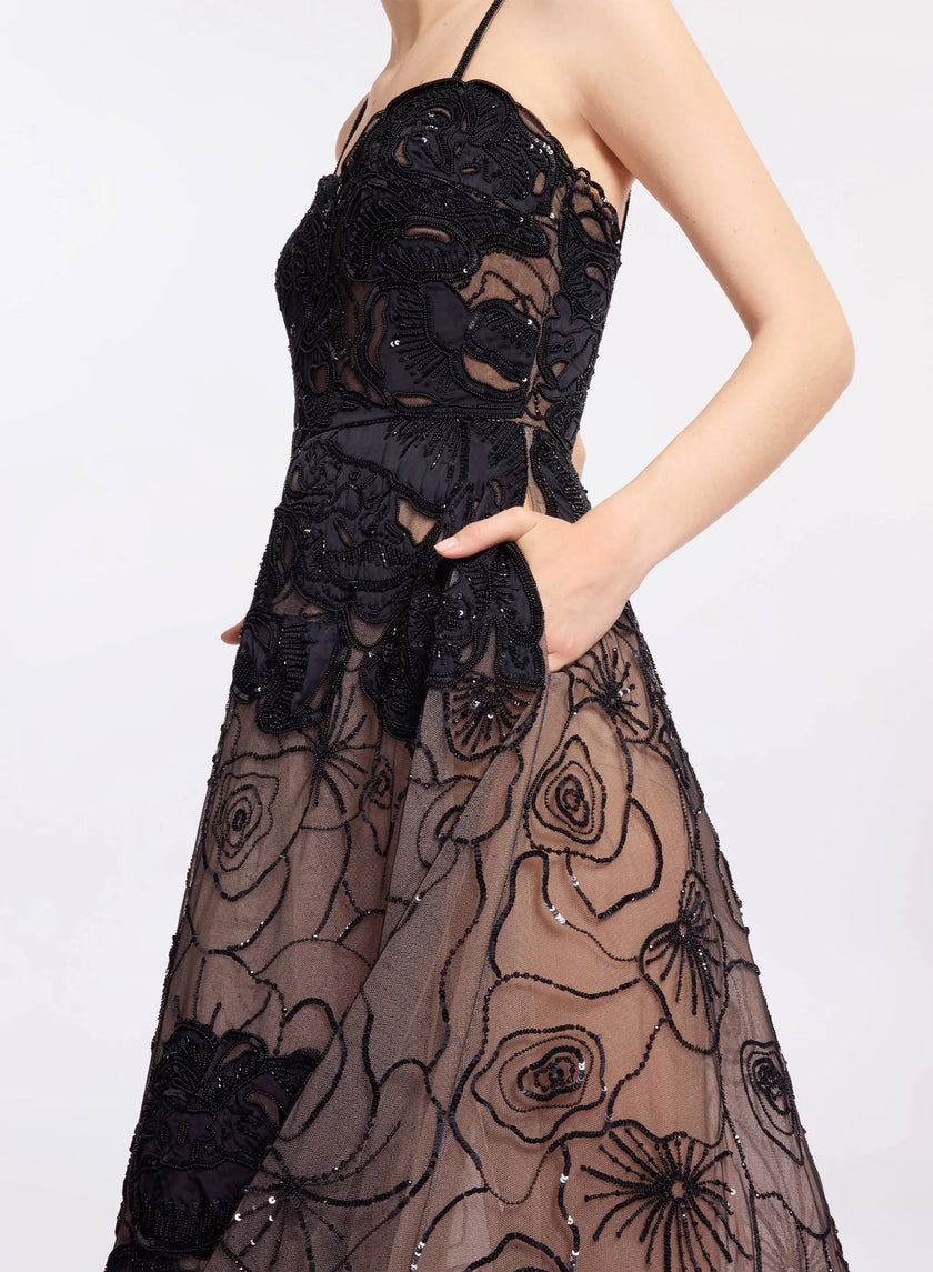 BLACK LUXURY FLORAL BEADED A-LINE GOWN