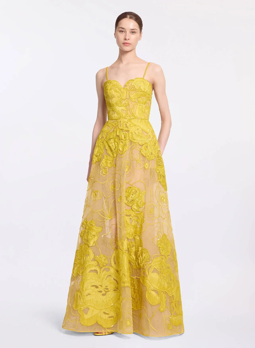 YELLOW EMBELLISHED A-LINE GOWN
